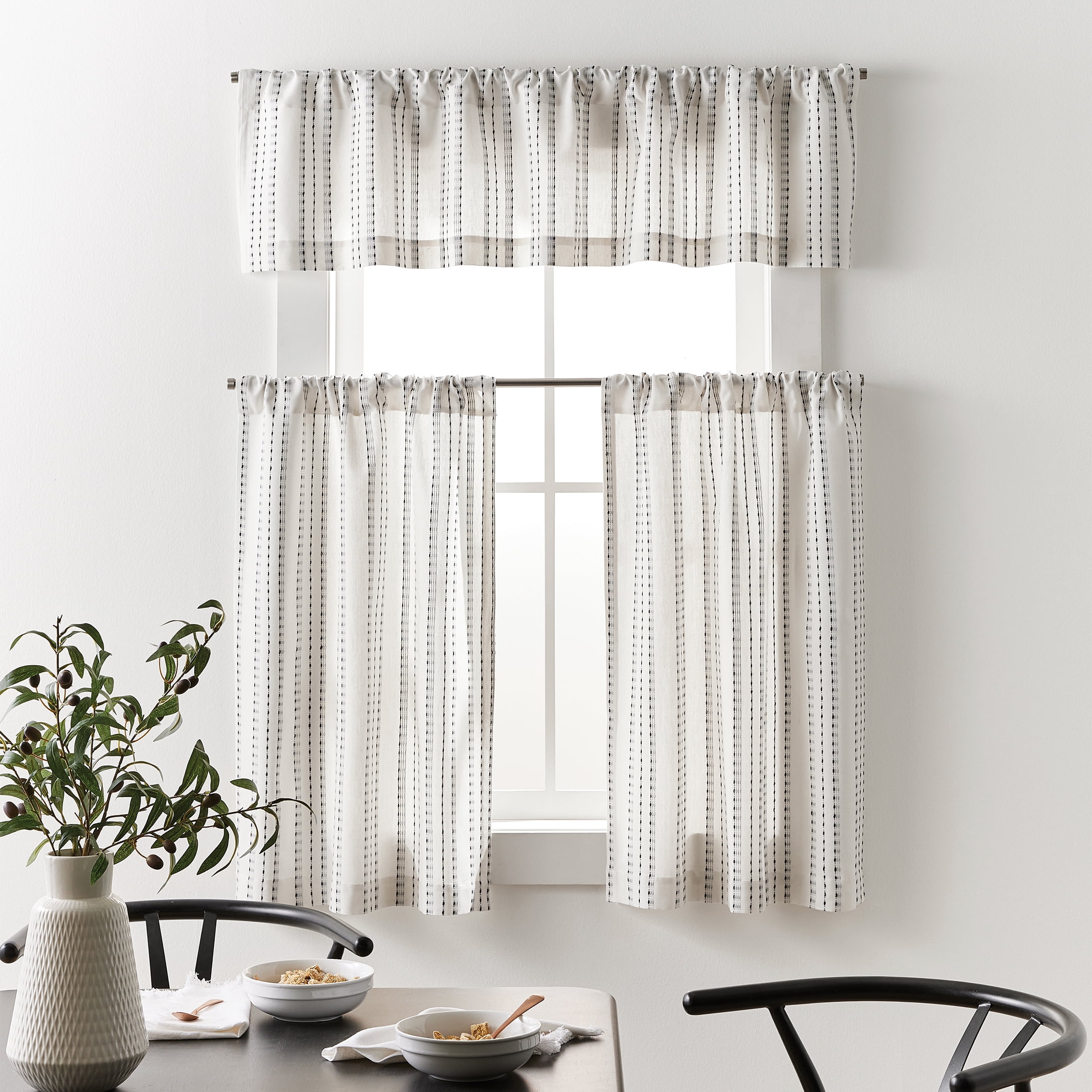 (2 pack) Better Homes & Gardens Luna 3-Piece Ivory/Black Pick Stitch Stripe Kitchen Curtain Set