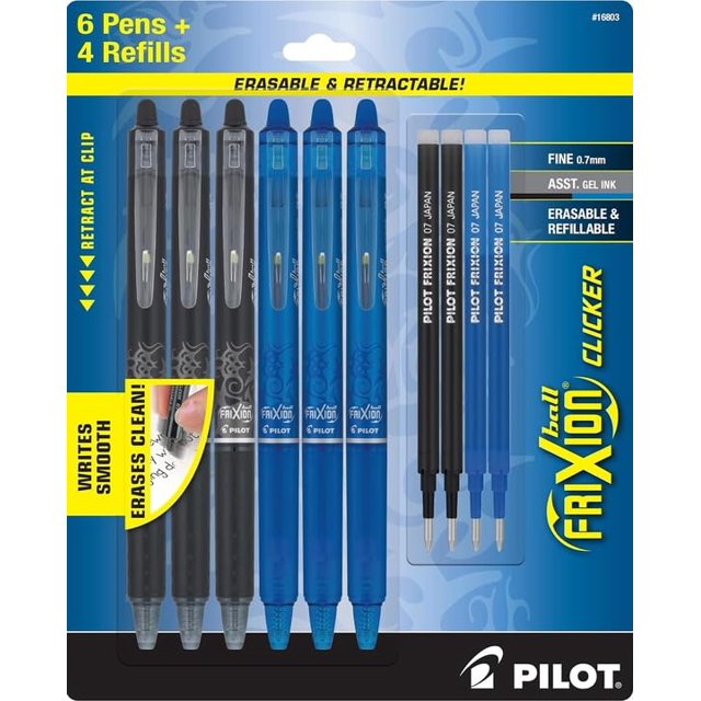 Tinta de gel borrable Pen PILOT FriXion de 0,7 mm, paquete de 6 unidades y 4 recambios