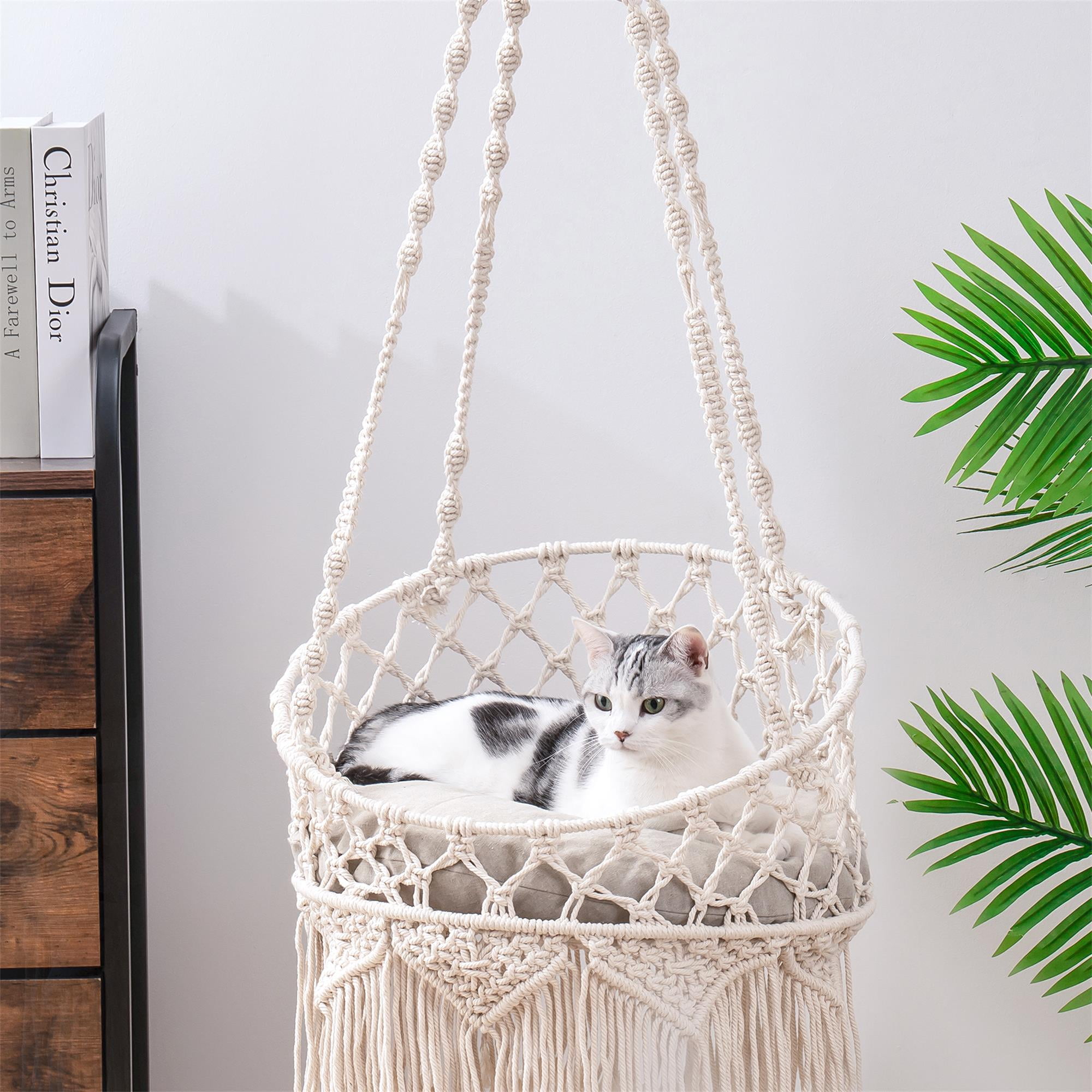 Pefilos Foldable Cat Hammock Bed with Macrame Design, Double Steel Hoop Base, and Cotton Pad for hanging and Assembly Window or Living Room Decor for Small & Medium Cats, Beige Pefilos Foldable Cat Hammock Bed with Macrame Design, Double Steel Hoop Base, and Cotton Pad for hanging and Assembly Window or Living Room Decor for Small & Medium Cats, Beige