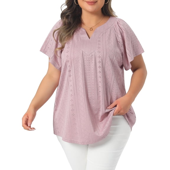 Women's Plus V Neck Short Sleeve Eyelet Embroidery Casual Blouse 1X Pink