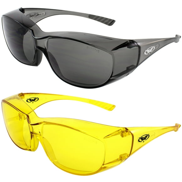 2 Pairs Global Vision Oversite Motorcycle Safety Glasses for Men or Women ANSI Z87.1 Fitover One-Piece Lens w/ Smoke & Yellow Matching Frames
