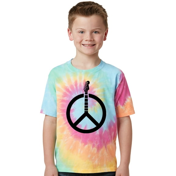 Kids Guitar Peace Sign Tie Dye T-shirt - Pastel Rainbow, Extra-Small