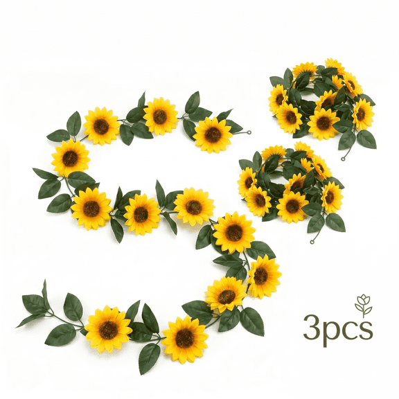 Artificial Sunflower Garland Silk Sunflower Flowers Vine with Leaves for Garden Weddings Arch Decor Home Party Table Wall Backdrop Decorations 3PCS