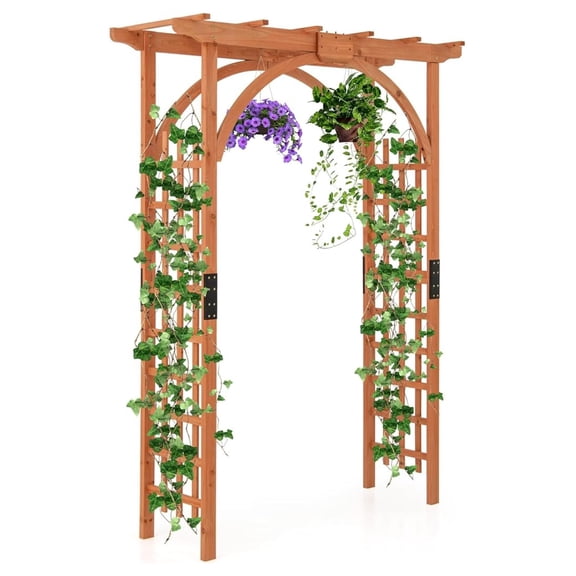 Wood Garden Arbor, 84 Inch Outdoor Archway Pergola w/Decorative Hanging Roof & Side Climbing Trellis, Garden Arch for Climbing Plants, Wedding Ceremony Decoration, Lawn, Party