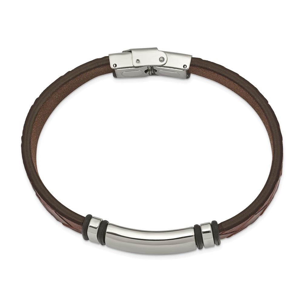 Diamond2Deal Stainless Steel Polished Brown Faux Leather with Black Rubber ID Bracelet for Men 8.25"