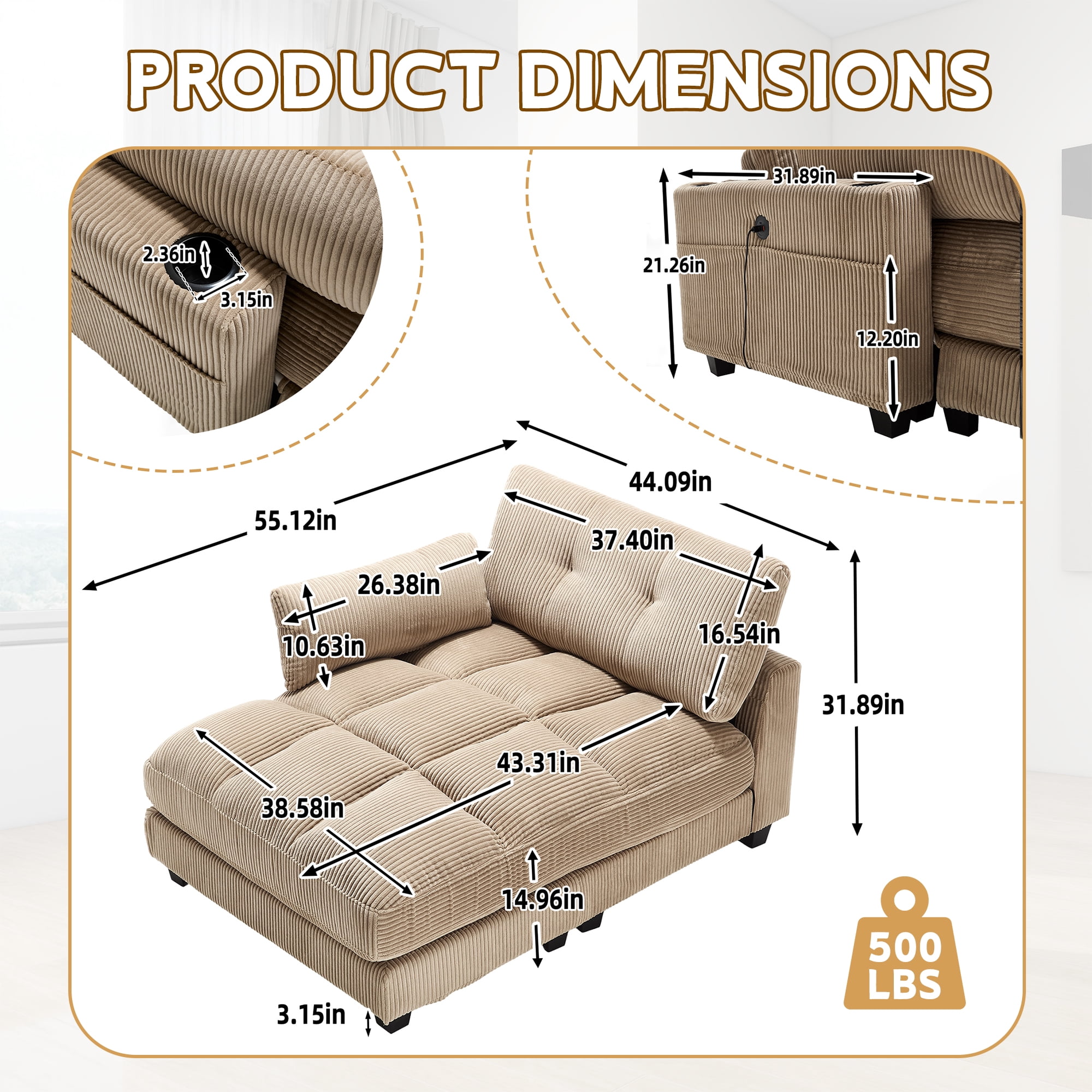 MOONMISS Corduroy Upholstered Soft Deep Seat Sofa with USB,Type-C&2 Cup Holders-Khaki