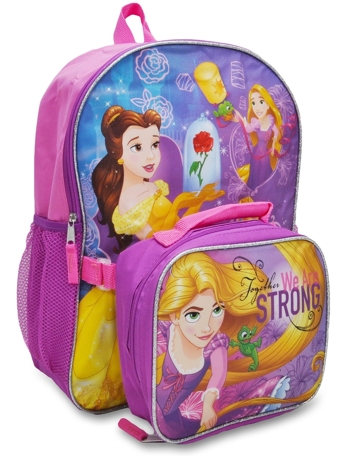 DISNEY Girls Princess Heart Strong Backpack 16 inches w Matching Lunch Bag. 