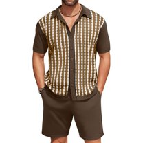 Stamzod Mens Vacation Outfits 2 Piece Summer Plus Size Short Sleeve Button Down Shirt and Shorts Set Casual Loose Beach Short Sets for Men with Pocket Brown M