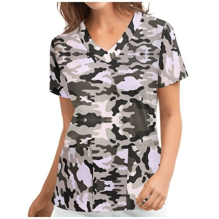 

HAPIMO Nurse Working Uniform for Women V-Neck Pullover Camouflage Print Tops Scrub Pocket Blouses Dressy Casual Tunic T-Shirts Short Sleeve Tees Gray XXL Sales