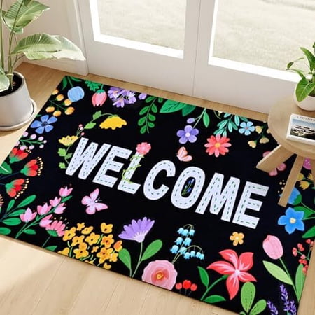 Voguly Floral Door Mat 18x30 Flower Butterfly Welcome Mat Non Slip Outdoor Indoor Entrance Rug Low Profile Absorbent Front Porch Decor