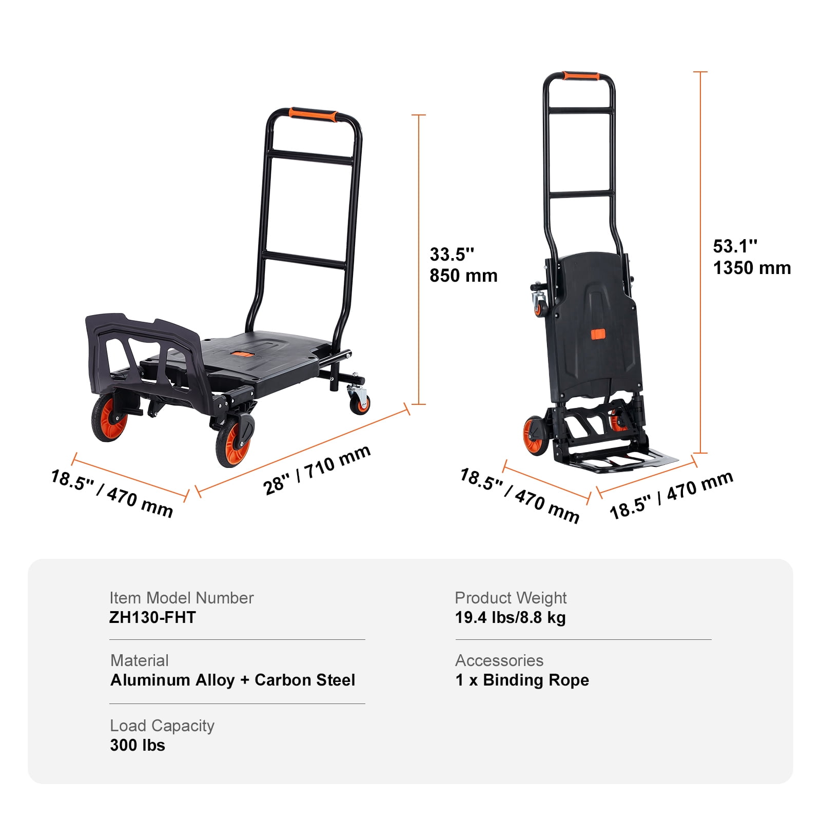 KFFKFF Aluminum Hand Truck, Dual-Function, 300 lbs Capacity, Durable Industrial Convertible Hand Truck and Dolly, Multi-Purpose Cart Transforms from Upright to Platform Mode with Rubber Wheels
