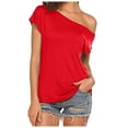 thumbnail image 2 of T Shirts for Women Casual Off Shoulder Solid Color Irregular Top Short Sleeve Comfortable Fashion T Shirt, 2 of 5