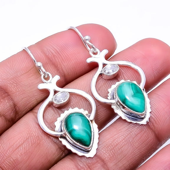 Malachite - Congo & White Topaz Designer 925 Sterling Silver Earring 1.72" E38, Gemstone Silver Jewelry, New Year Sale, Valentin's Day Gift