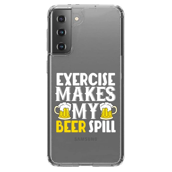 DistinctInk Clear Shockproof Hybrid Case for Galaxy S21  PLUS 5G (6.7" Screen) - TPU Bumper Acrylic Back Tempered Glass Screen Protector - Exercise Makes My Beer Spill