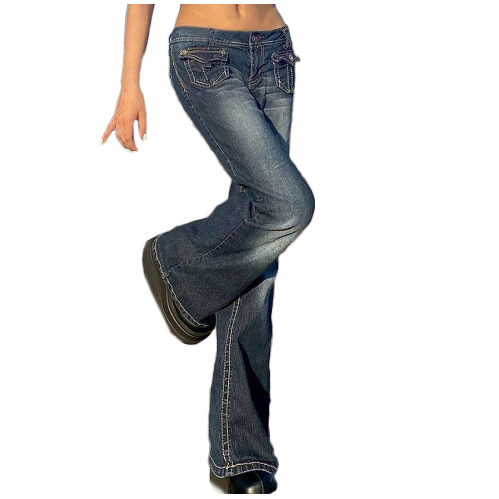 Women's Low Waist Bell Bottom Jeans Distressed Stretch Wide Leg Denim ...