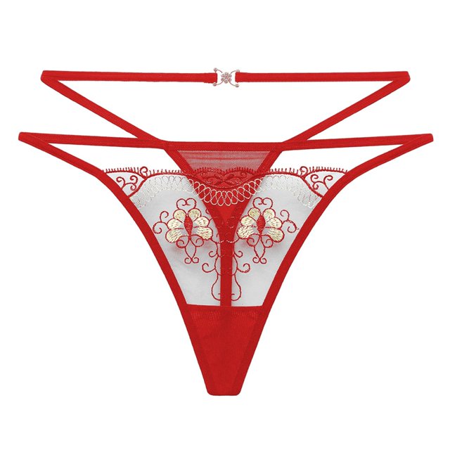 Aayomet Culotte pour Femmes Maille Broderie Style Mince Respirante Évidé String Taille Basse (Rouge, Taille Unique)