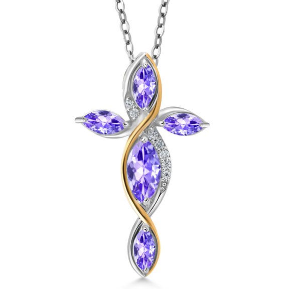 Gem Stone King Cross Necklace for Women in 925 Silver and 10K Yellow Gold with Blue Tanzanite | 1.41 Cttw | Jesus Christian Religious Crucifix | Marquise 8X4MM | With 18 inch Chain