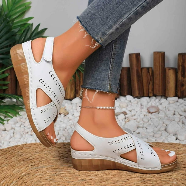 MKLEKYY Sandalias de Piso para Mujer, Sandalias de Mujer Modernas para Uso Diario, Informales, Con Punta Abierta, Color Sólido, Diseño Hueco, Tacón de Cuña para Primavera y Verano.