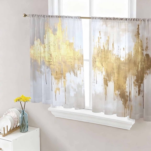 Sheer Curtains 45 Inches Long, Gold Grey Light Filtering Window Curtains for Living Room, Abstract Contemporary Square Graffiti Smear Art Rod Pocket Voile Sheer Curtain Drapes, 52"W x 45"L, 2 Panels