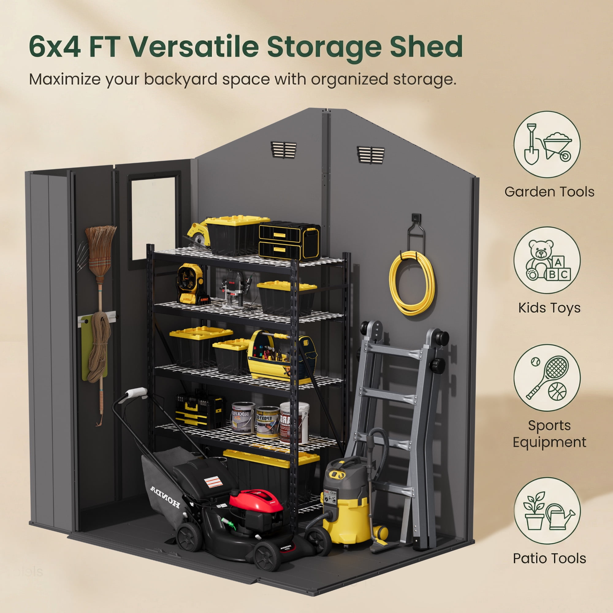 Homall 6x4ft Outdoor Plastic Storage Shed with Window,Weather-Resistant, Easy Assembly, Wood-Effect Garden Tool House,Dark Gray