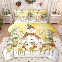 Manfei Christmas Reindeer 7-Piece King Bedding Set,Cartoon Xmas Snowman Yellow White,Breathable Reversible Decor For Kids