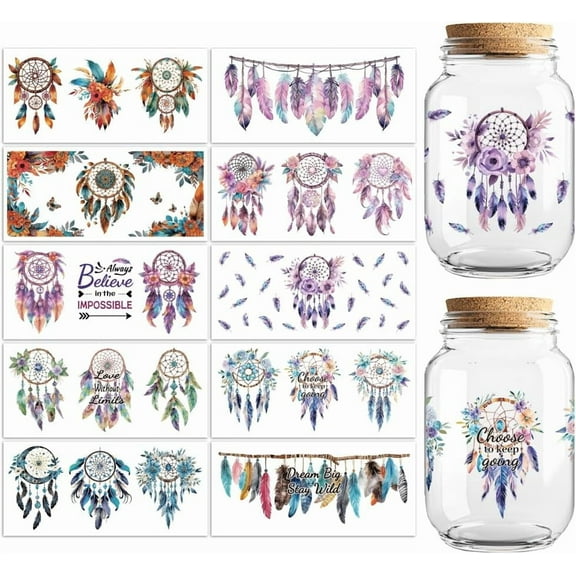 UV DTF Cup Transfer Wraps Stickers Feathers 10 Sheets Waterproof Vinyl 16oz Coffee Glass Cup Tumbler Bottle Mug Decals for Men Women