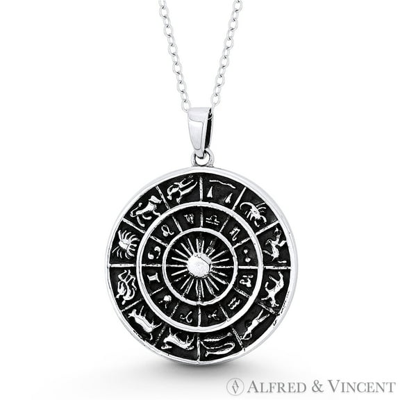 Zodiac Calendar & Sun 33x26mm Circle Charm Pendant in Oxidized .925 Sterling Silver