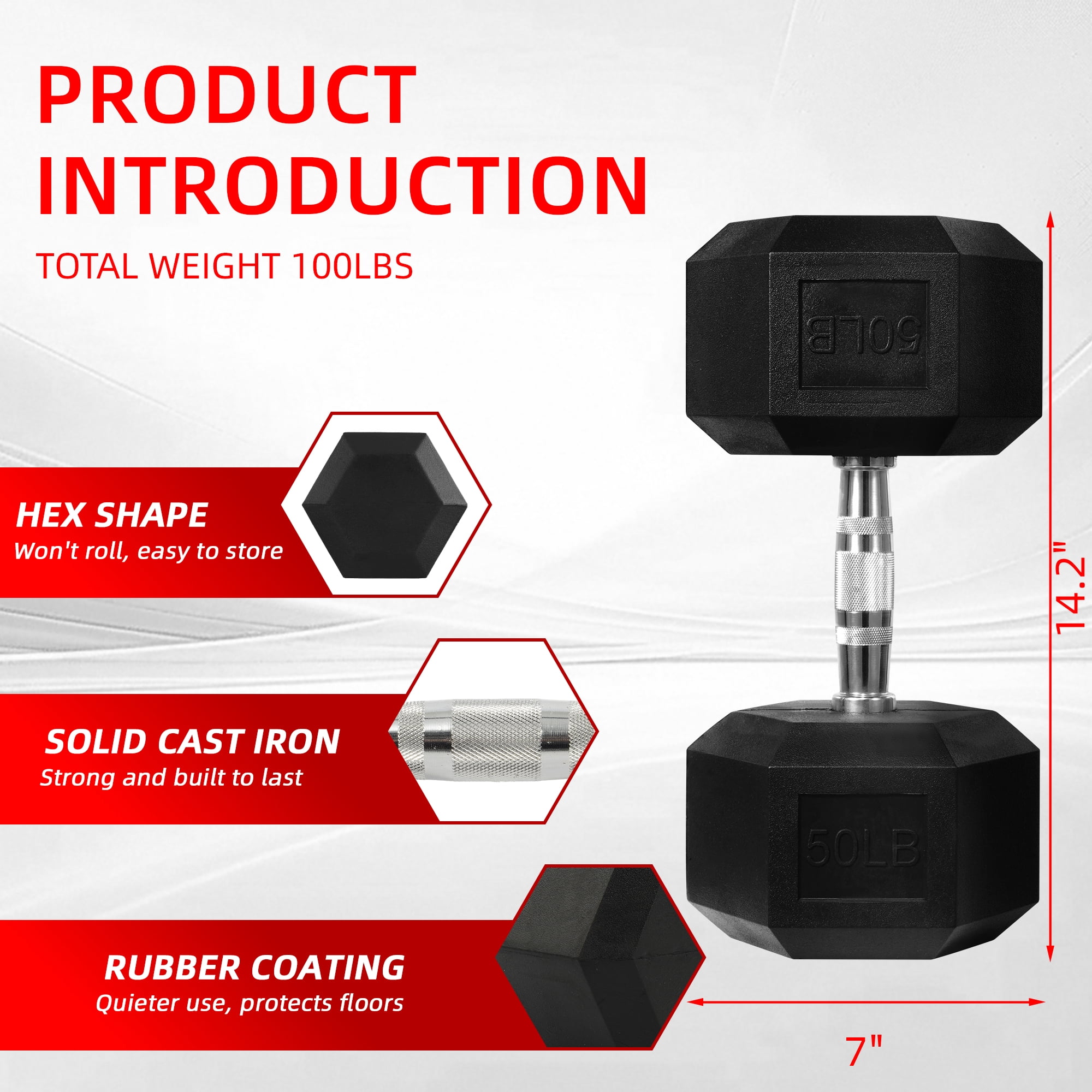 FlexWave Rubber Encased Hex Dumbbells, 50 lbs Pair, Black