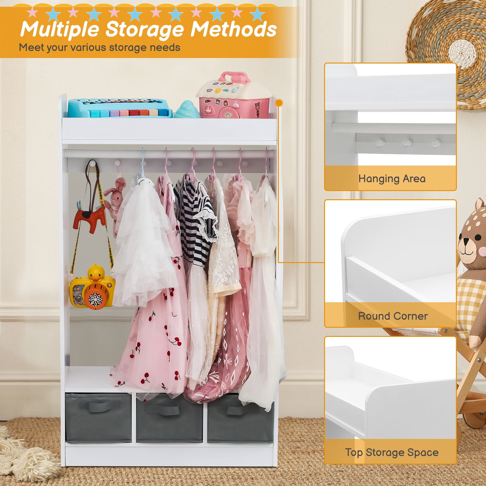 Kids Costume Organizer Rack, Kids Open Hanging Armoire Closet with Mirror, White