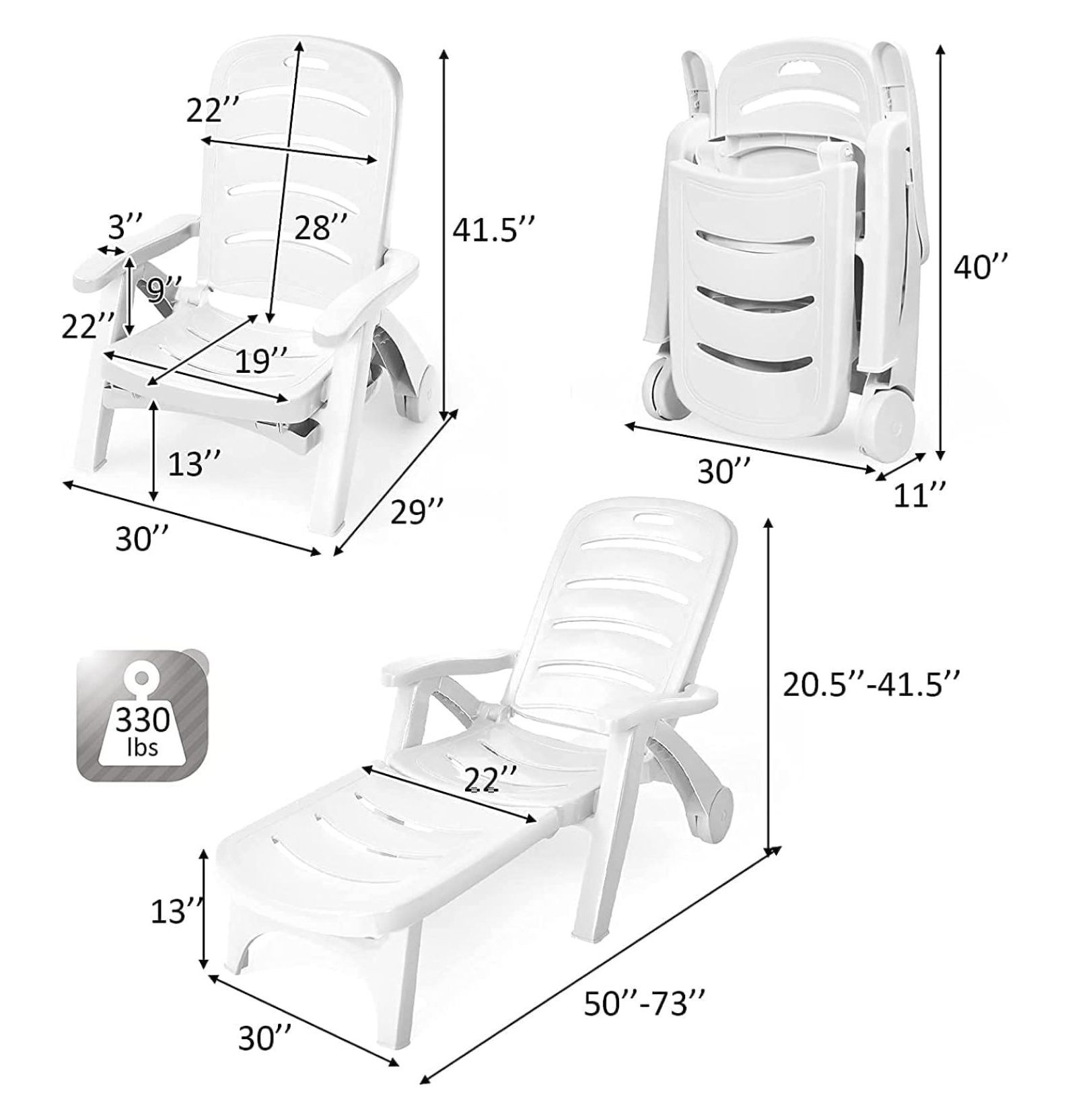 Moccha Plastic Folding Lounge Chair, 5-Position Adjustable Chaise Lounge with 2 Rolling Wheels, Armrest, Outdoor Chaise Chair for Patio, Beach, Backyard, Poolside, Home (1, White)