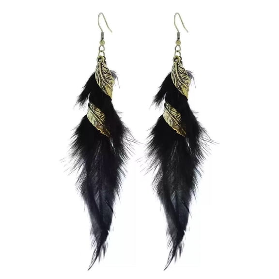 Zhuge Women's Handmade Natural Feather Dangle Drop Earrings, Boho Vintage Long Tassel Jewelry for Gifting, Black