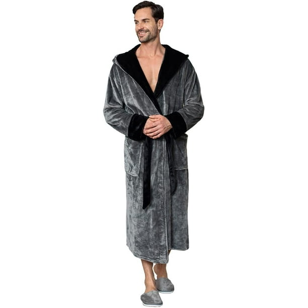 LOTUS LINEN Mens Plush Hooded Robe Long Fleece Spa Bathrobe for Men