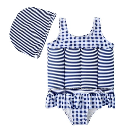 

Holloyiver Toddler Swimsuit with Floatation Baby Girls Float Suit Cartoon Ruffled Hem Plaid Romper Short Sleeve Buoyancy One-Piece Hat Suit 6 Months-4 Years Blue