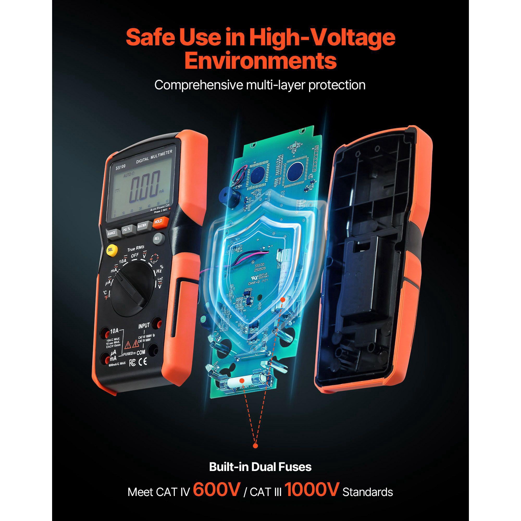 Digital Multimeter 6000 Count TRMS Auto Ranging DC AC Voltmeter Current Tester for Voltage Resistance Capacitance Temperature Diodes Continuity Low Impedance Measurement