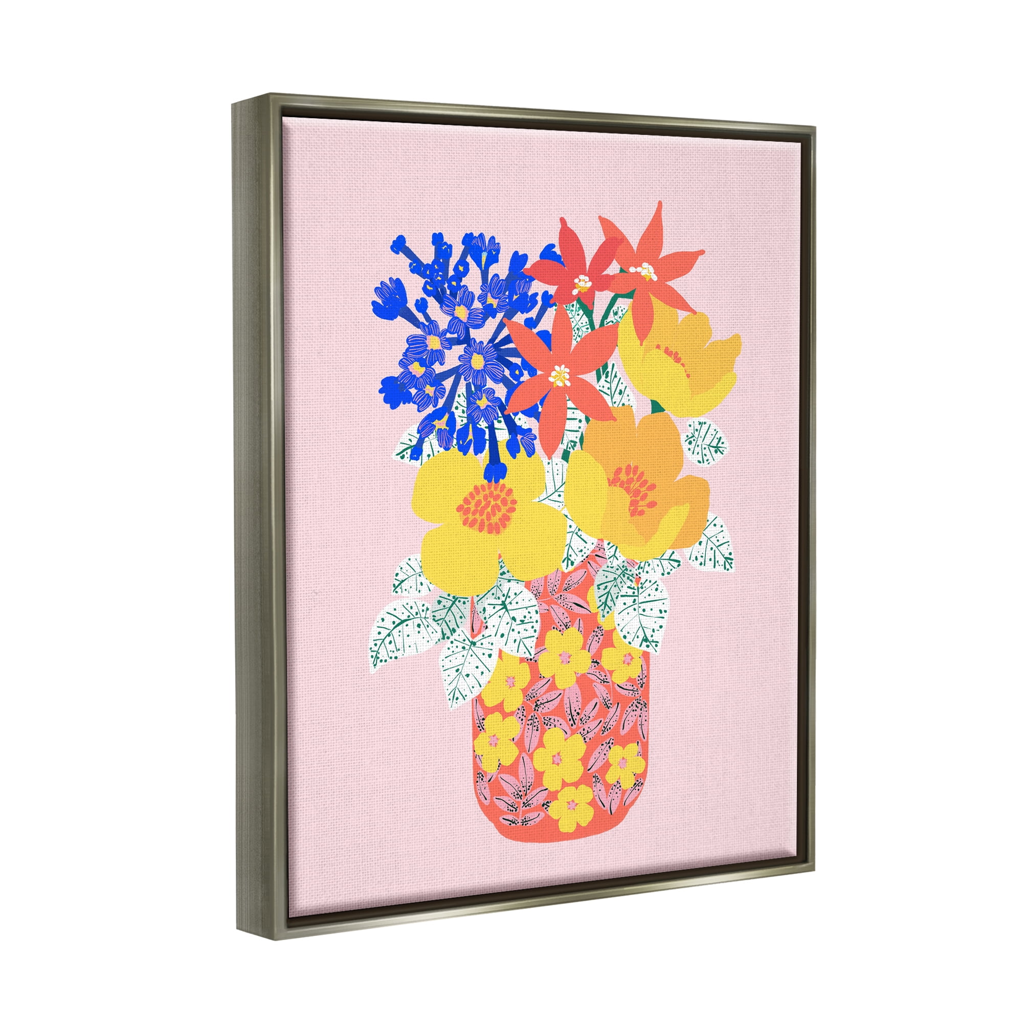 Stupell Industries Modern Patterned Flowers Botanical & Floral Painting Gray Floater Framed Canvas Art Print Wall Art, 17 x 21