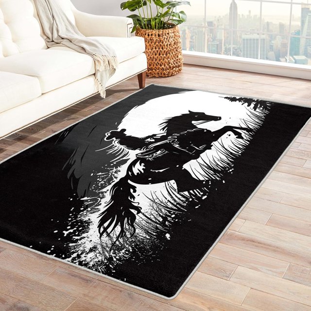 Cowboy Rugs for Living Room - 3x4 Rug - Cowboy Rug - Western Horse Riding Area Rug - Boys Wild West Rugs - Black and White Carpet