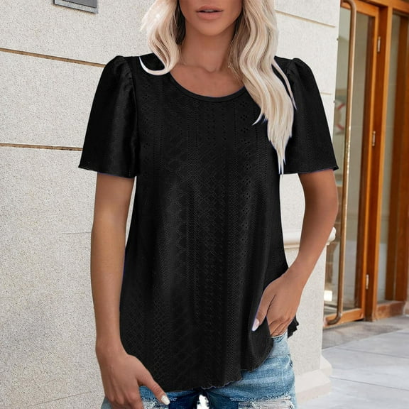 Black Women's Short Sleeve T-shirt, Women'S Round Neck Puffed Sleeve Hole Hollow Short Sleeve Casual T Shirt Top,Women's Short sleeve T-shirt XL