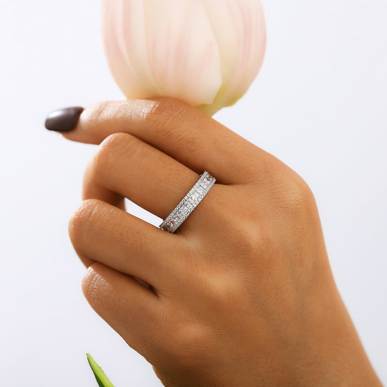 Princess Cut Sterling Silver Diamond Eternity Band MOISSANITE Full