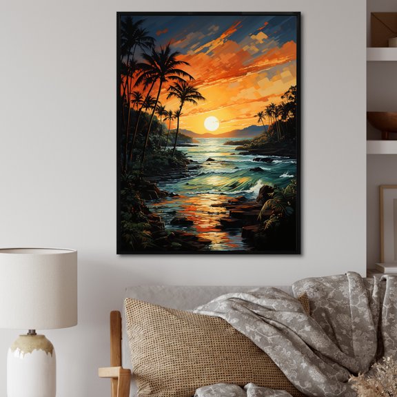 Designart "Palm Trees Tropical Painting VII" Floral Floater Framed Wall Art Living Room