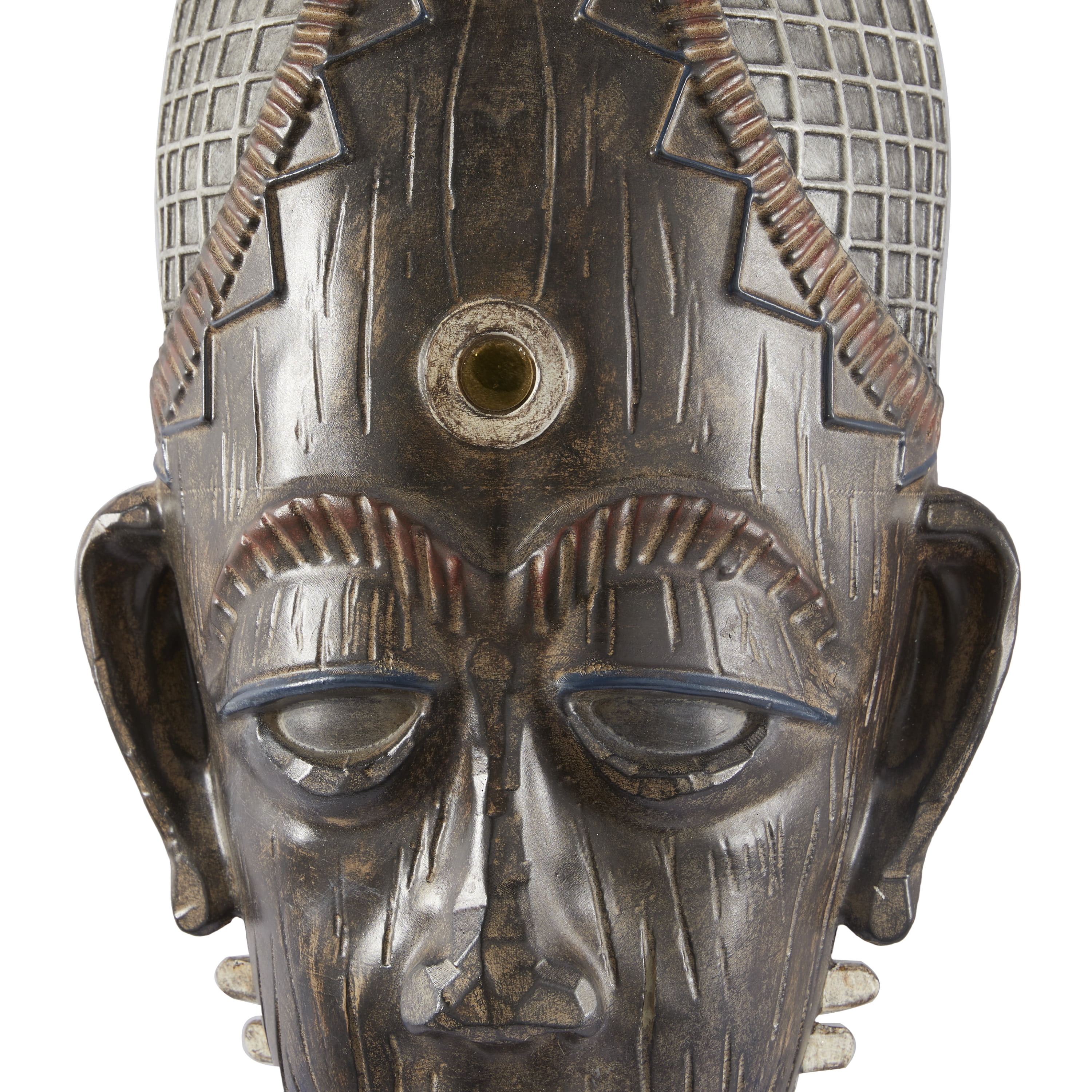DecMode Brown Polystone Mask African Tribal Home Wall Decor with Rust and Navy Carvings, 8" x 4" x 18"