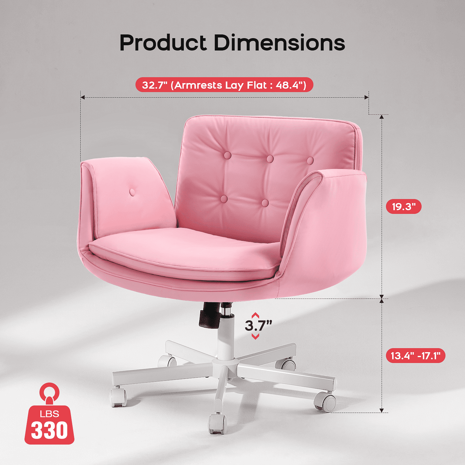 TMV Criss Cross Chair with Wheels & Armrests, Comfy Wide Vanity Chair, PU Leather Cross Legged Desk Chair, Height Adjustable Computer Office Desk Chairs for Home＆Makeup＆Bedroom，Pink
