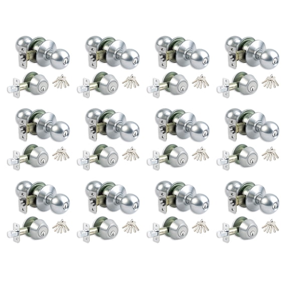 Lot of 12 Stainless Steel Grade 3 Combo Lock Set with Entry Door Knob and Deadbolt With 72 SC1 Keys - Boxed Keyed Alike