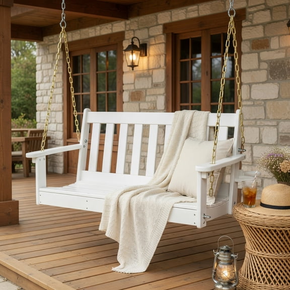 Resenkos Porch Swing, 54 Inch HDPE Patio Porch Swing with Cup Holder-White, Hanging Outdoor Porch Swings for Garden, Backyard