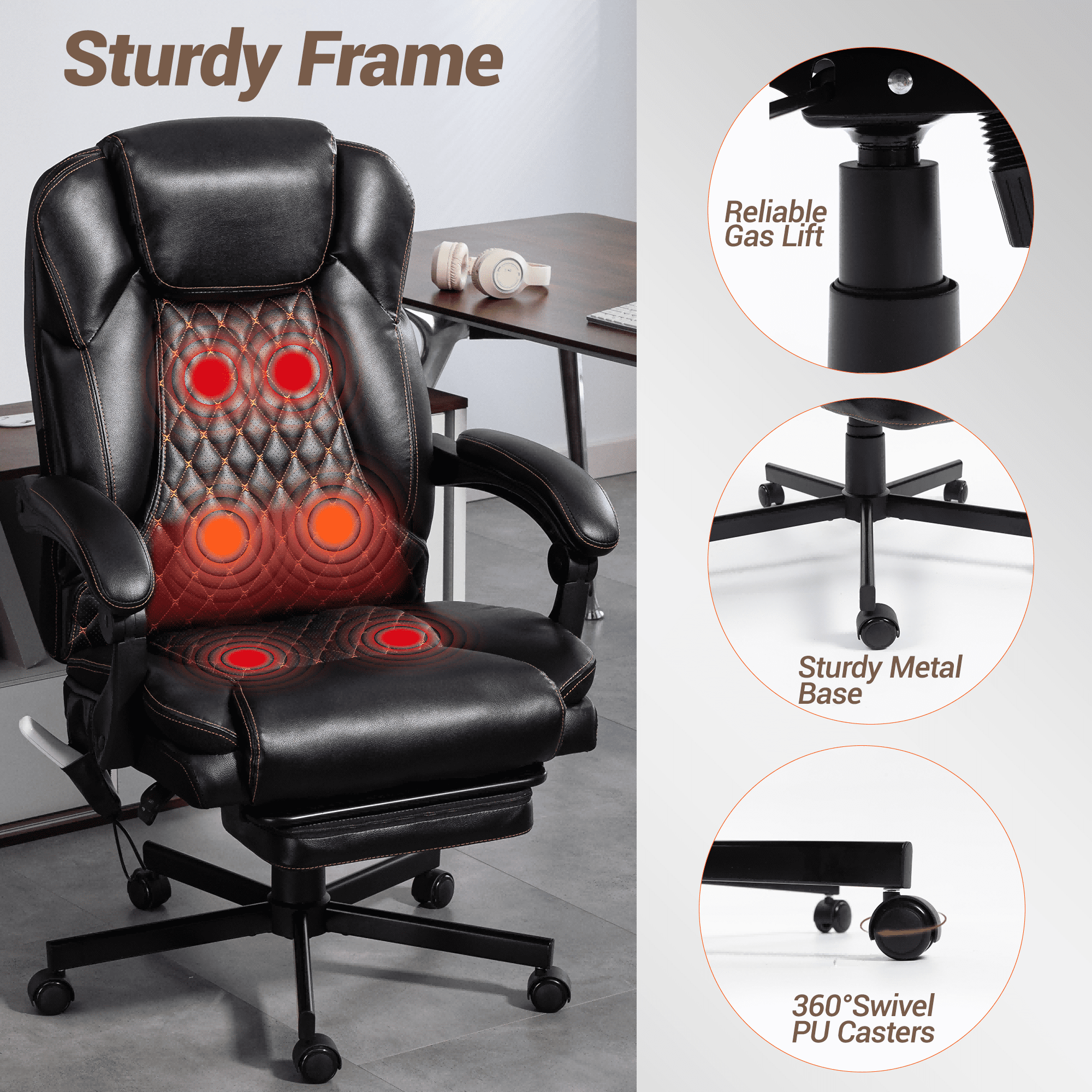 WENTUM Massage Office Chair with Foot Rest, 6 Points Vibration Heating Executive Chairs Ergonomic Home Office Desk Chair, Black