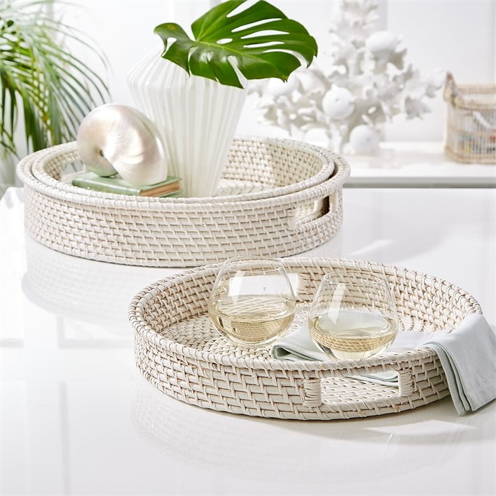 Artisanal White Rattan Set of 3 Woven Round Serving Trays