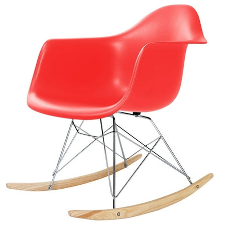 GHP Red Plastic Beech Wood Rocker Runner Mid-Century Look Shell Arm Rocking Chair