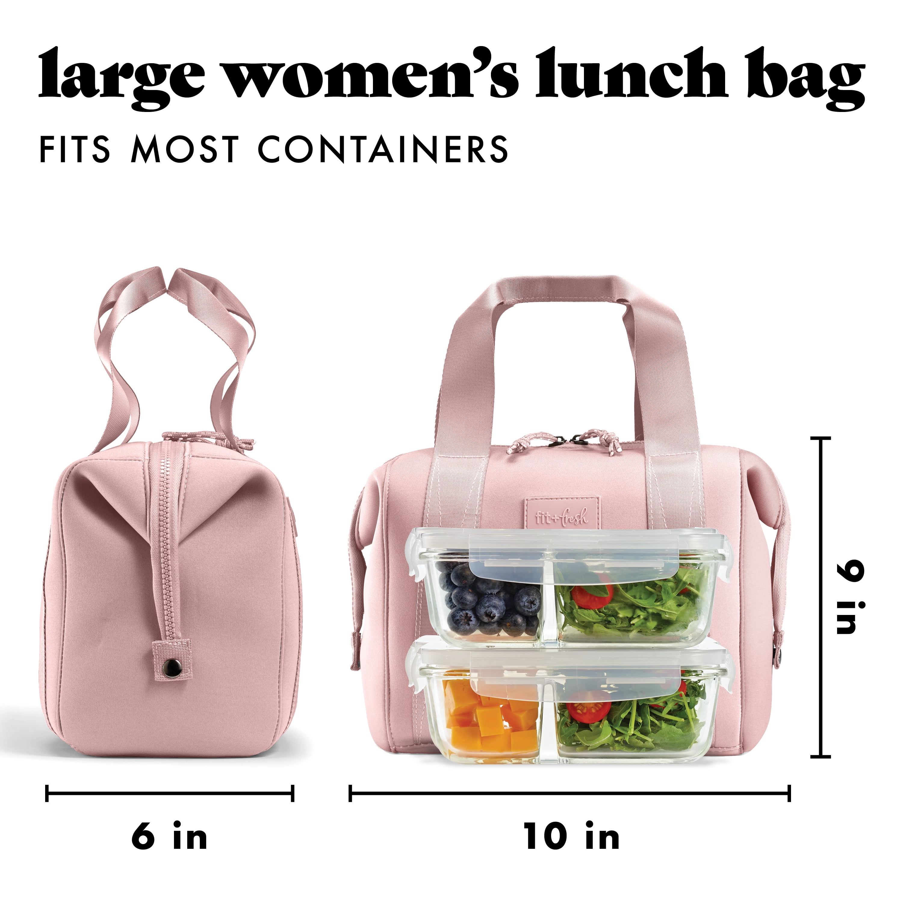 Fit + Fresh Remi Women's Lunch Bag, Self Insulating Neoprene Material Lunch Box With Containers & Ice Pack, Mauve