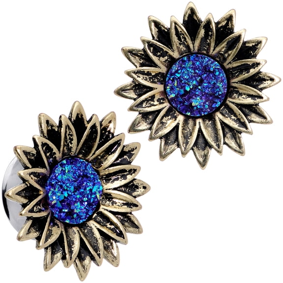 Body Candy Womens 2Pc 3/4" Stainless Steel Double Flare Blue Center Flower Plug Ear Plug Gauges Set of 2