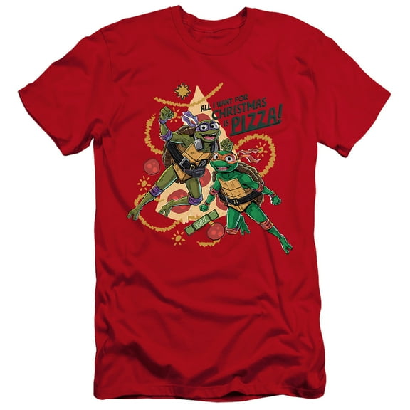 TMNT: Mutant Mayhem Christmas Pizza Michelangelo Donatello Unisex Adult Canvas Brand T Shirt, Red, Small