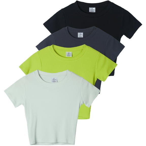 Real Essentials 4-Pack: Women's Short Sleeve Ribbed Knit Cotton Crew Neck Crop Top T-Shirt - (Available in Plus)